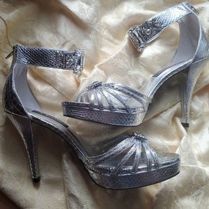 Shiny silver-tone heels, faux snakeskin look